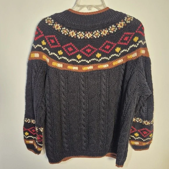 Vintage Chaussport Women Large Chunky Knit Cardigan Sweater Fair Isle Cable - Picture 2 of 9
